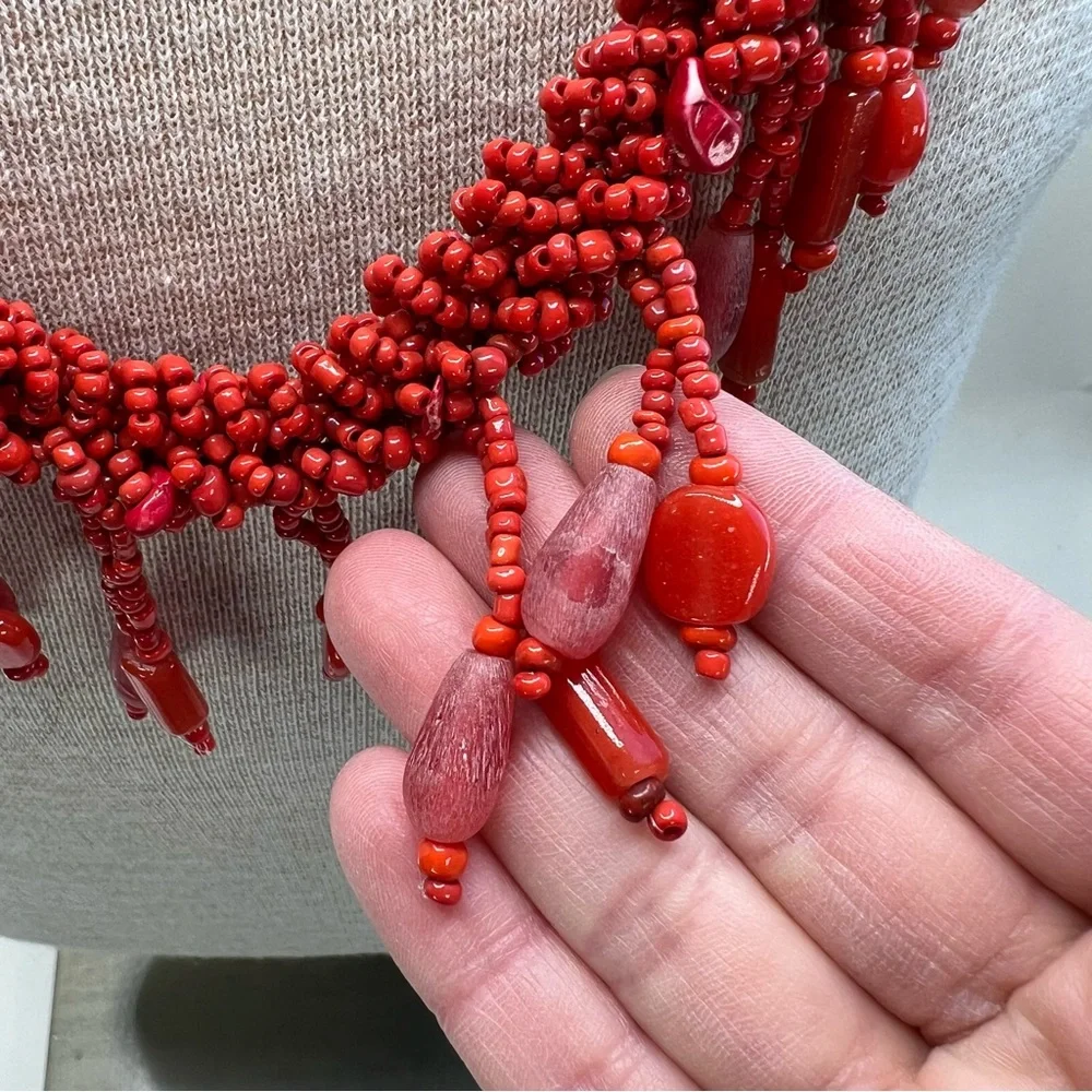 Red Statement Necklace Glass Red Coral Beads